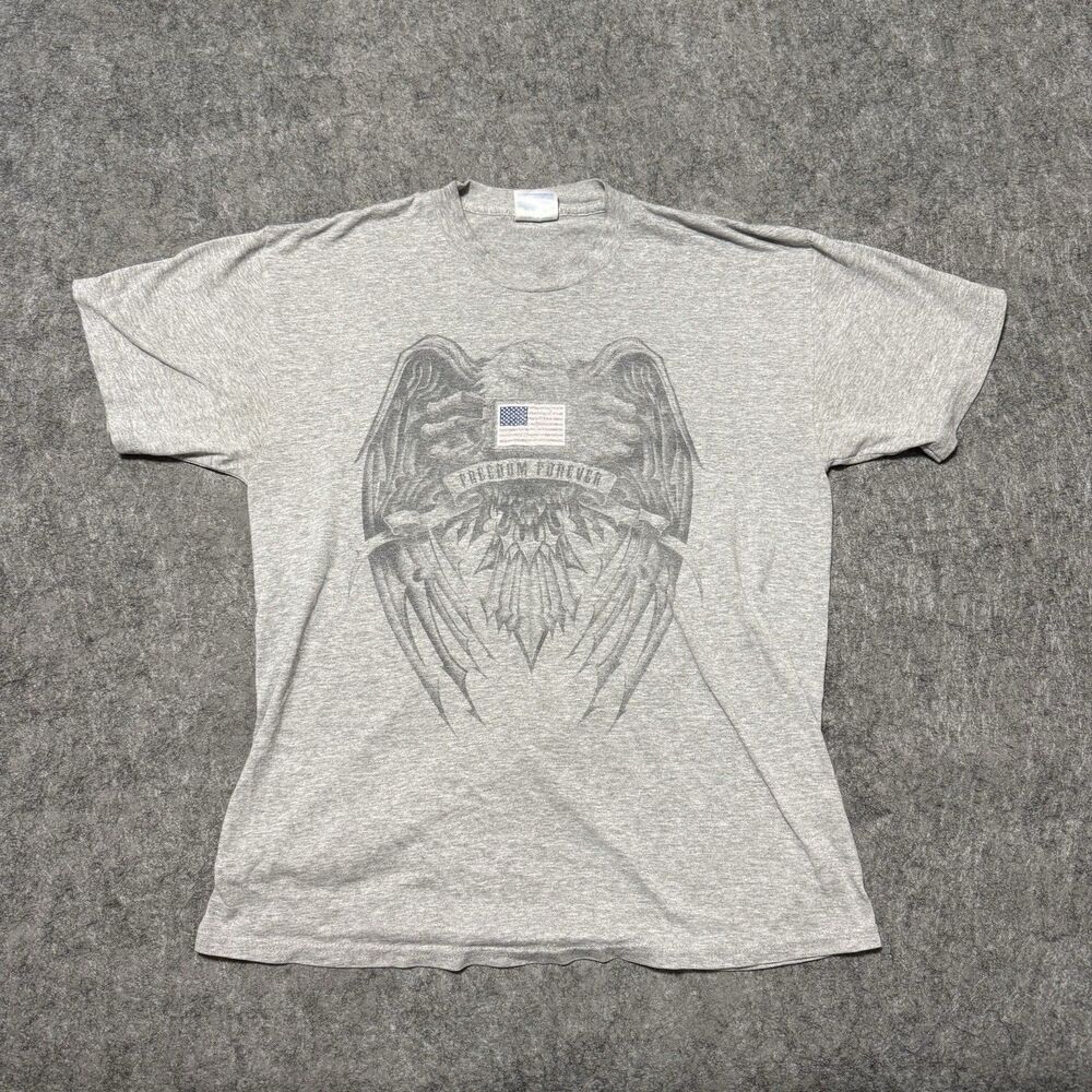 Vintage 00S Hanes Mens 50/50 T-Shirt Size M Grey Freedom Forever Military Troops